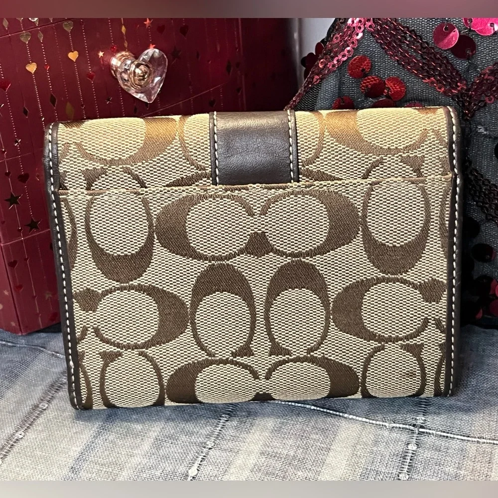 Coach 1941 Leatherwear Tan Canvas and Brown Leather Signature C Tri Fold Wallet